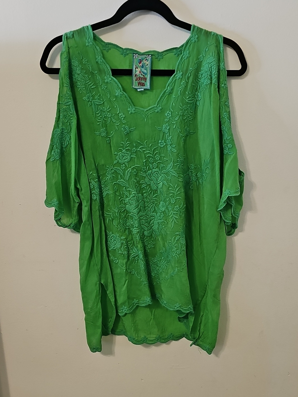 Johnny Was Bright Green Embroidered Cold-Shoulder Tunic
